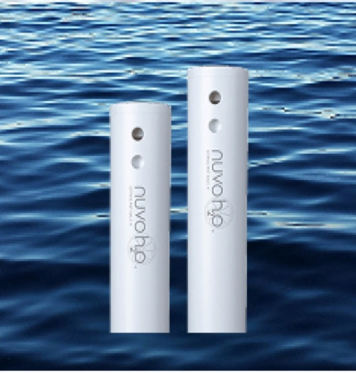 Two white cylindrical NuvoH2O water filter cartridges standing upright against a blue water background.