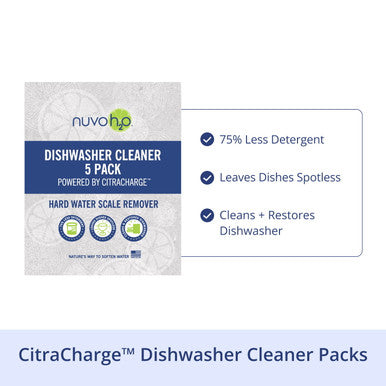 NuvoH2O Dishwasher Scale Preventor product and packaging showing no harsh chemicals, leaves dishwasher spotless, easy to use