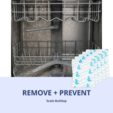 Scale-covered dishwasher interior next to CitraCharge packs with text reading Remove and Prevent Scale Buildup