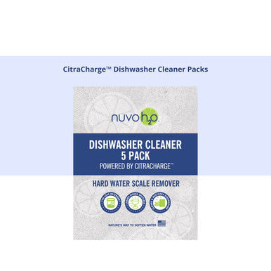 CitraCharge Dishwasher Cleaner 5 Pack packaging, hard water scale remover powered by CitraCharge, made in USA