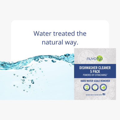 NuvoH2O CitraCharge Dishwasher Cleaner 5 Pack next to water splash with text reading Water treated the natural way