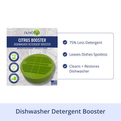 NuvoH2O Citrus Booster packaging showing a green puck and benefits like using seventy five percent less detergent