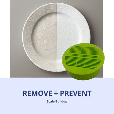 A lime green cleaning puck next to a plate showing a before and after comparison of hard water scale removal