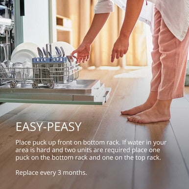 Text instructions on placement rules for the puck in a dishwasher and a reminder to replace it every three months