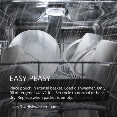 Dishes being cleaned inside a running dishwasher with CitraCharge pack usage instructions overlaid on image