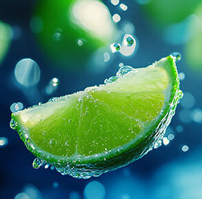 A close-up of a bright green lime wedge suspended in water droplets against a blue and green blurred background.