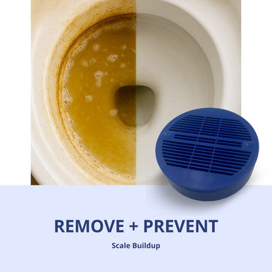 NuvoH2O Toilet Scale Preventor packaging showing a blue puck and benefits like no harsh chemicals and easy to use