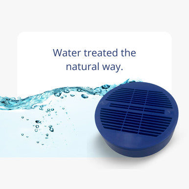 A blue water treatment puck next to splashing water with text stating water treated the natural way