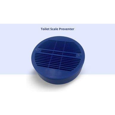 A top view of a circular blue plastic toilet scale preventor puck against a light blue background