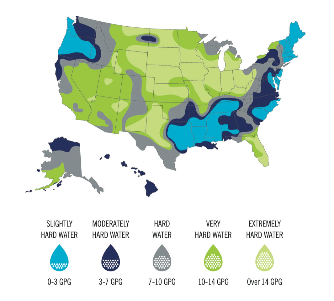 Map of water hardness across the United States, from slightly hard (0–3 GPG) to extremely hard (over 14 GPG)