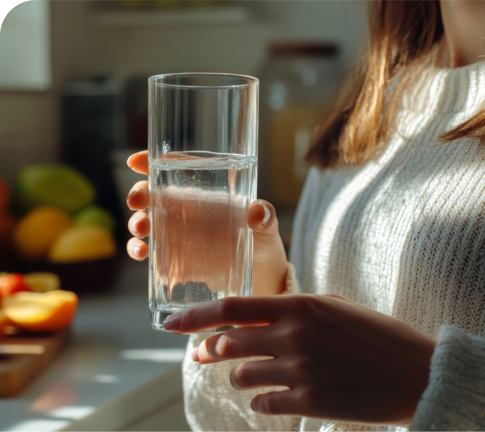Woman holding a glass of water in her kitchen