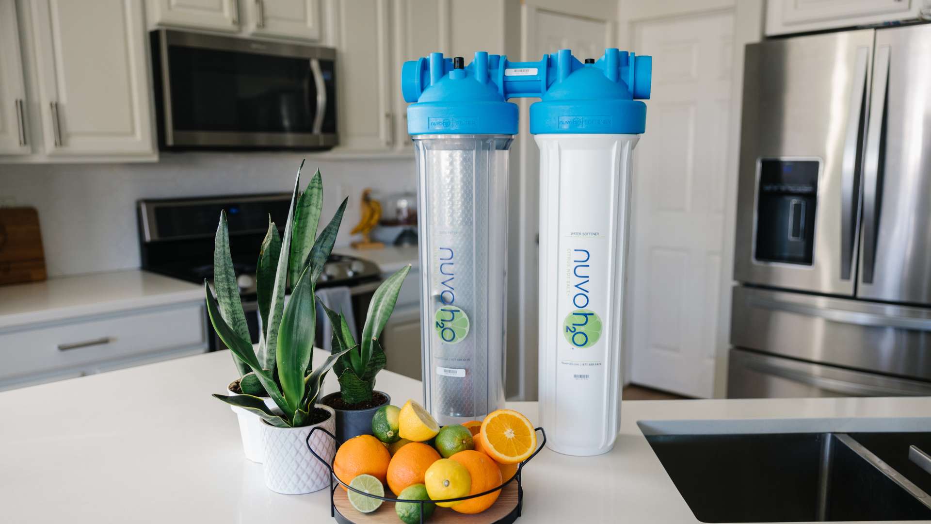 whole home water filtration system on a kitchen counter