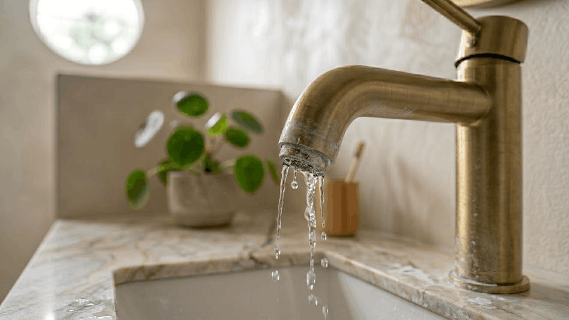 Brass bathroom sink faucet with white hard water scale and low water pressure.