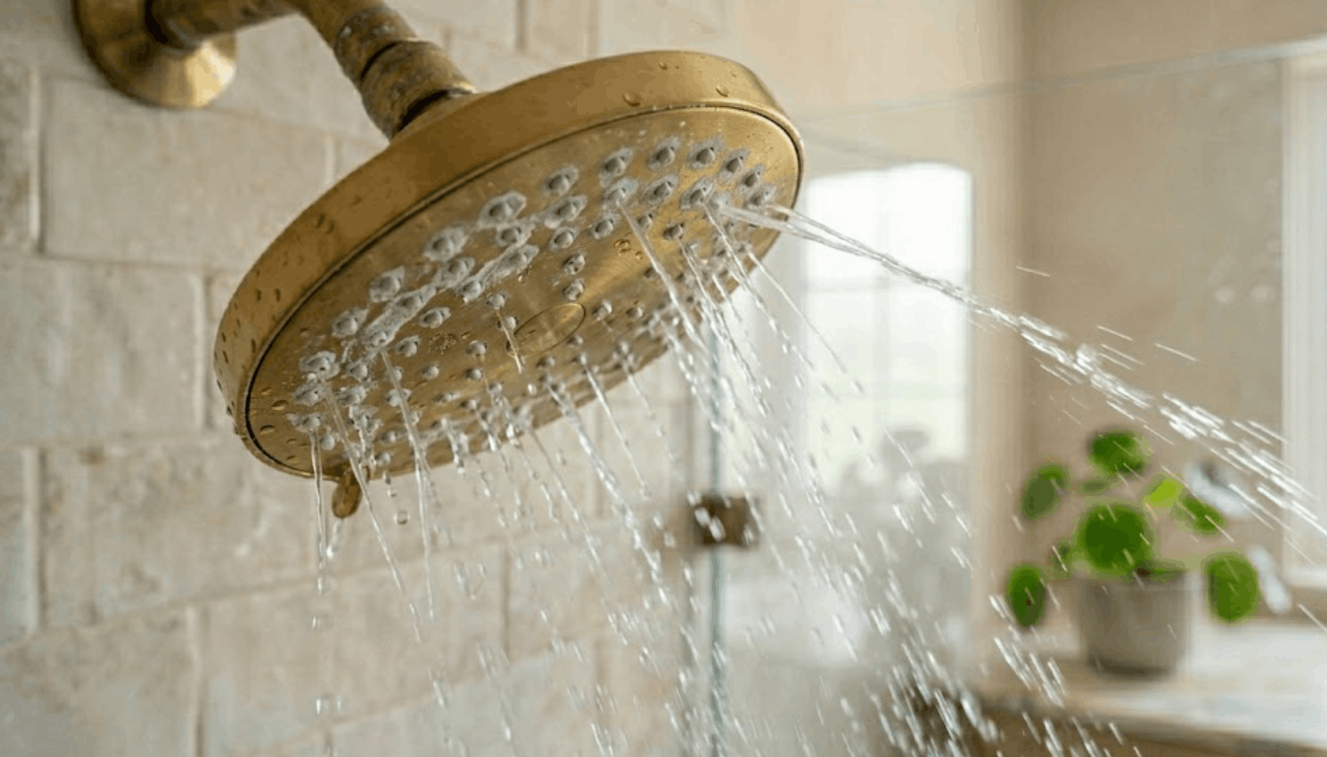 Brass showerhead with white mineral scale spraying water erratically.
