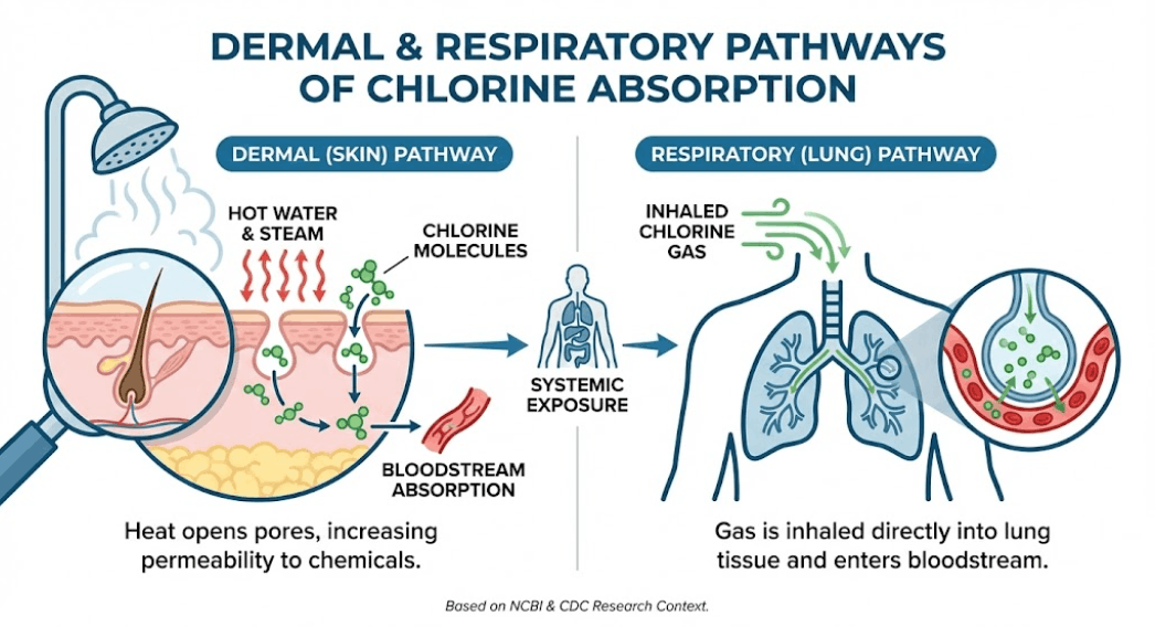 Diagram showing how hot shower steam causes systemic chlorine exposure through open skin pores and inhaled gas in the lungs.