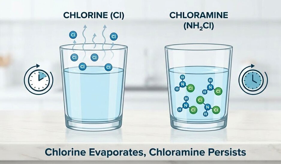 Diagram illustrating the difference between volatile chlorine vs persistent chloramine in water.