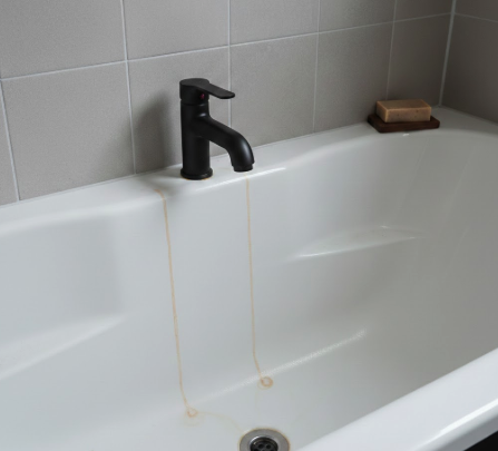 Modern white bathtub with dark rust-colored iron stains around the chrome drain.