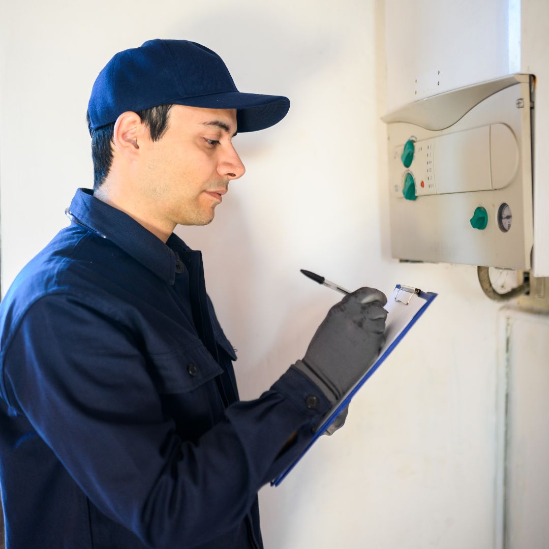 technician observing water heater taking notes on clipboard