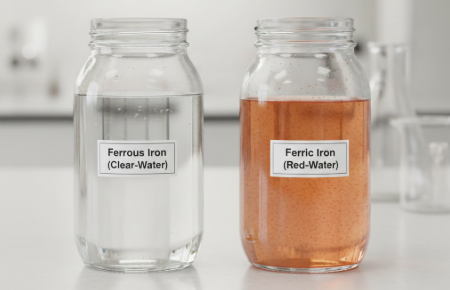 Side-by-side comparison of clear ferrous iron water and orange ferric iron water in glass jars.