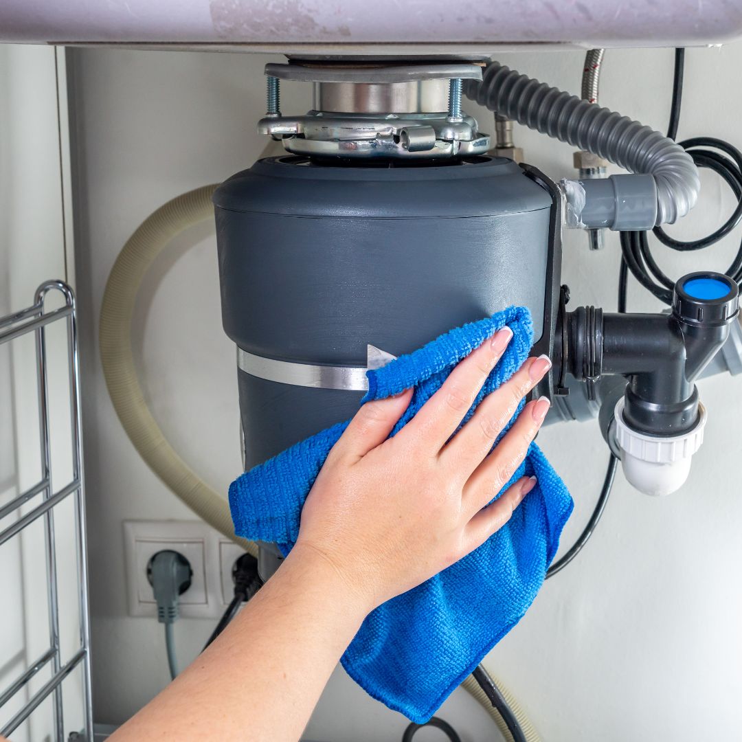 person wiping new garbage disposal under sink