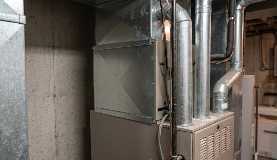 Outdoor air conditioner unit showing mineral scale damage from hard water.