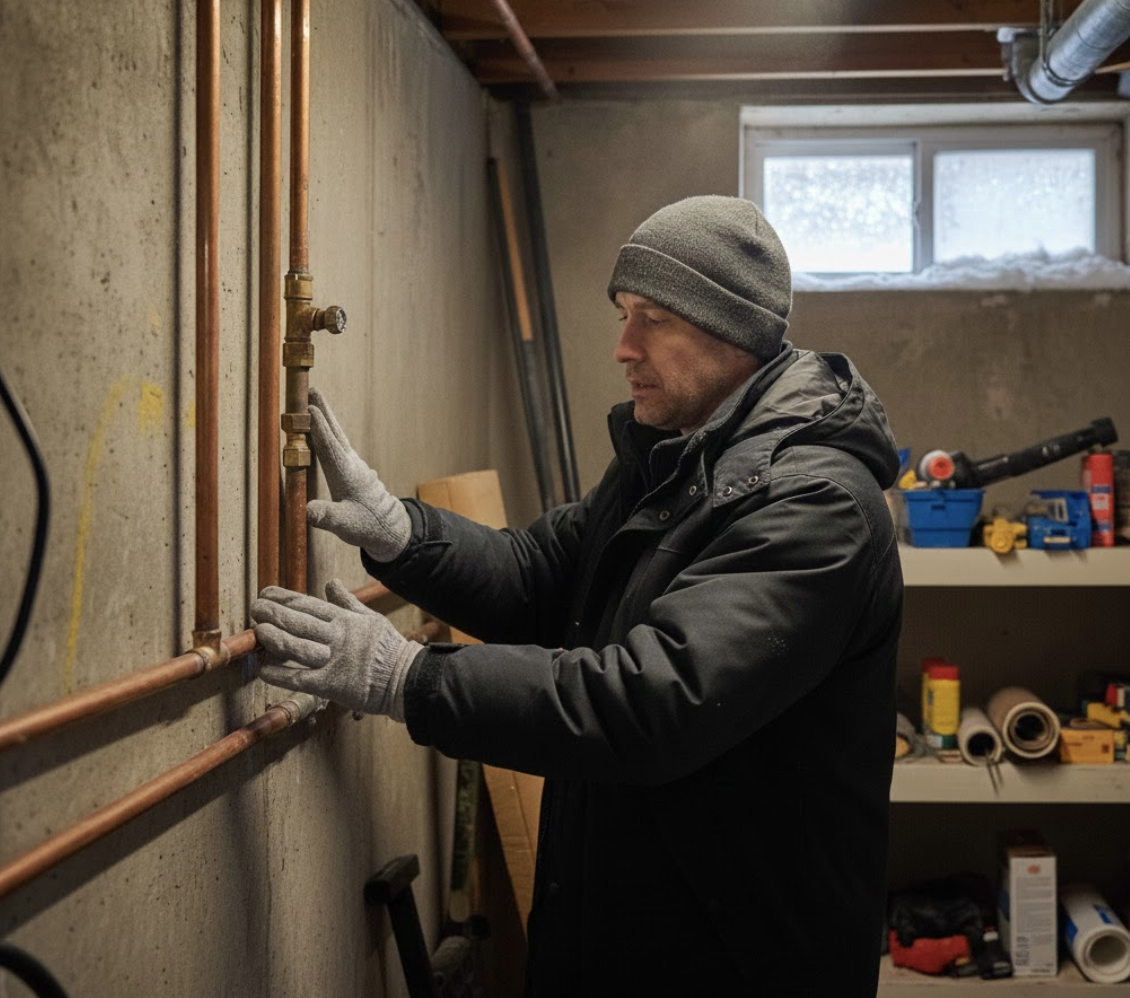 man inspecting frozen water pipes inside his home