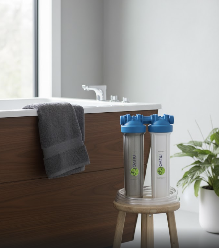 NuvoH2O soft water cartridges next to a cold plunge