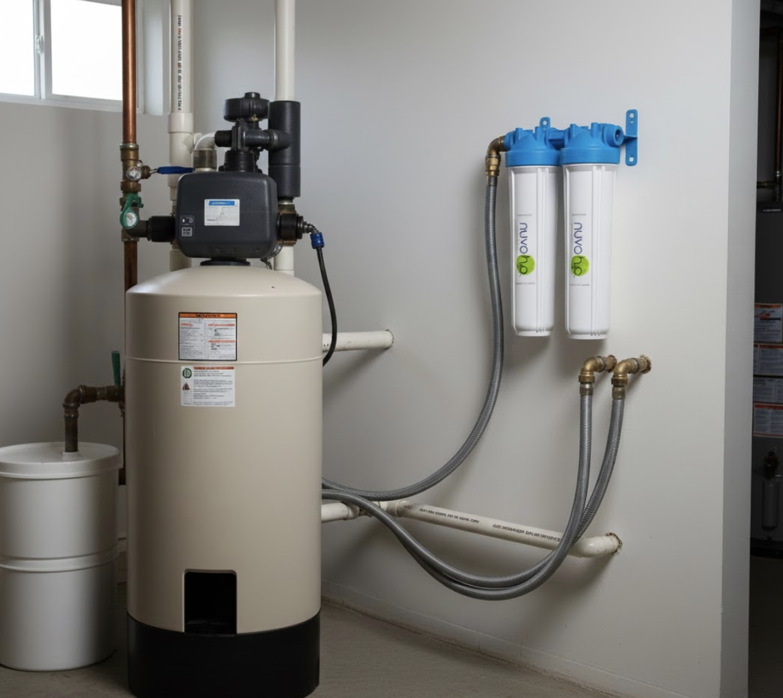 Water tank connected to a NuvoH2O water system