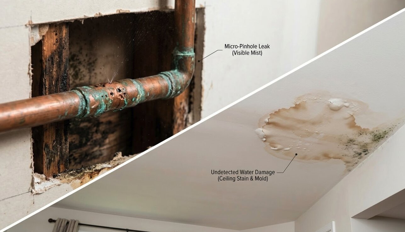 Copper pipe pinhole leak behind a wall causing hidden water damage, ceiling stains, and mold.