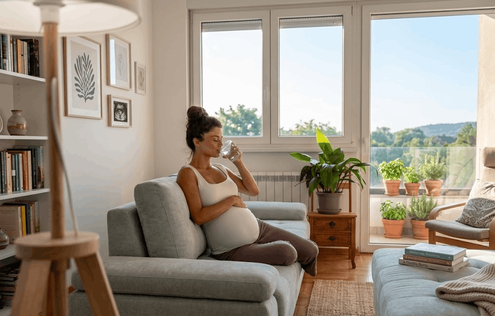 Pregnant woman drinking clean water on a couch, emphasizing safe hydration for overall wellness and gut health.