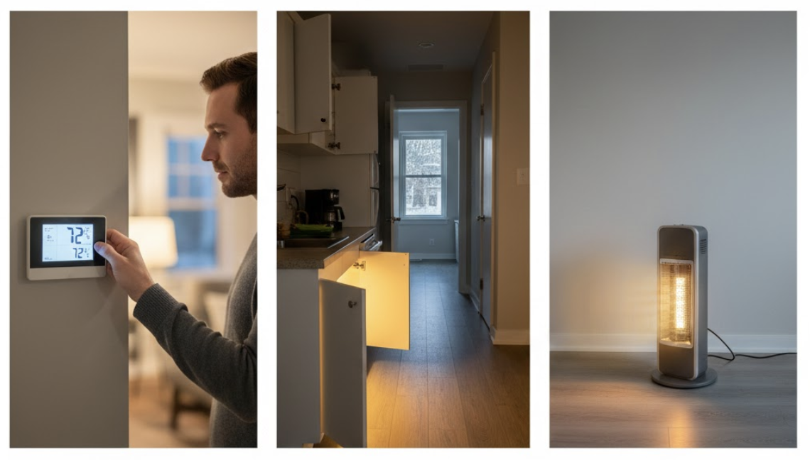 steps showing how to warm frozen pipes inside home walls