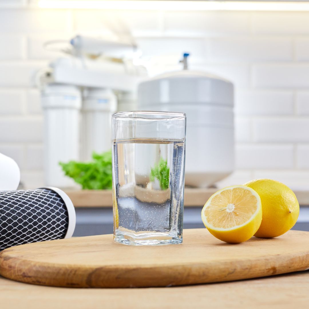 glass of water next to lemons and water filter