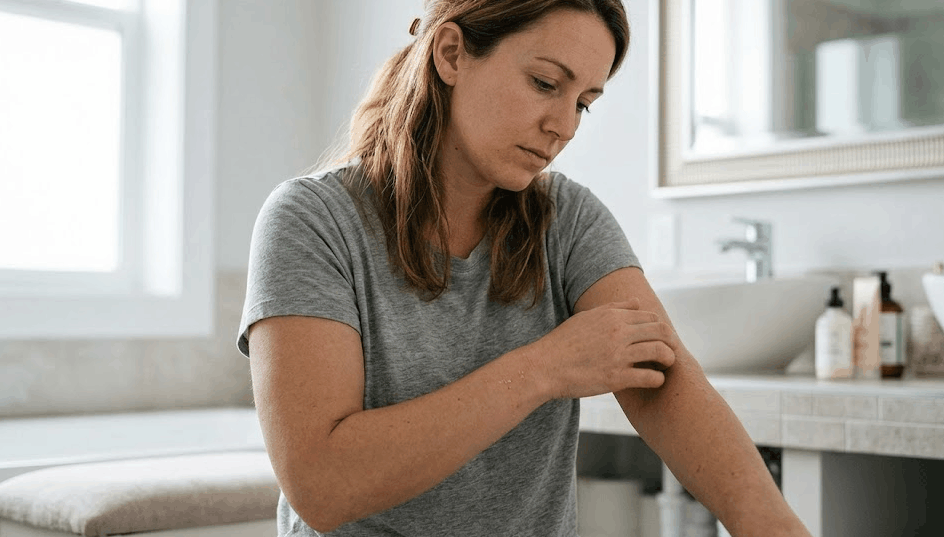 Woman scratching dry, irritated skin on her arm, a common physical sign of hard water and gut microbiome imbalance.
